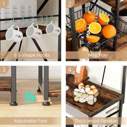 Vista 10 de JAMFLY Estante para panaderos con toma de corriente, soporte para microondas, estante de almacenamiento de cocina con 6 ganchos, estación de barra