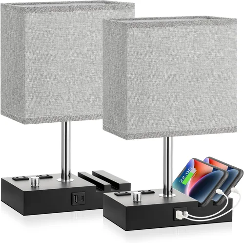 Vista 15 de Kakanuo Lámpara de mesita de noche totalmente regulable para dormitorio con puertos USB C, lámpara de mesita de noche pequeña gris con salidas