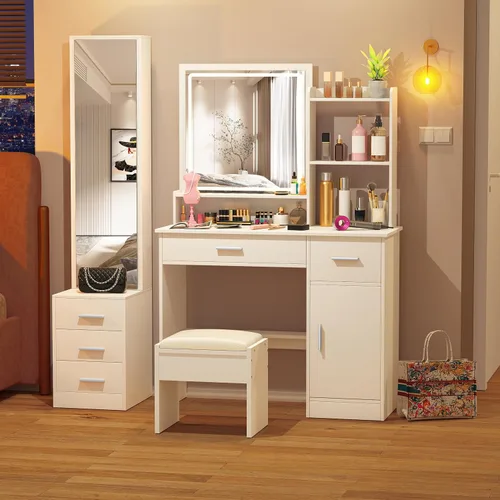 Vista 7 de Escritorio de tocador de maquillaje con luces y espejo de longitud completa, juego de mesa de tocador blanca con 3 modos de iluminación, tocador