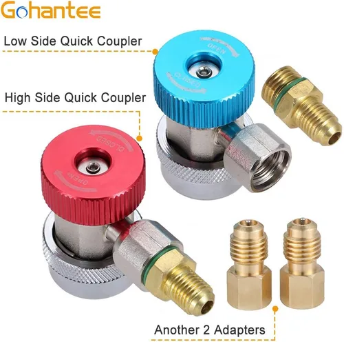 Vista 3 de R134A Adaptador, conector de acoplador rápido R134a ajustable alto y bajo, kit de conversión de manguera de manómetro de freón CA, HVAC SAE 1/4