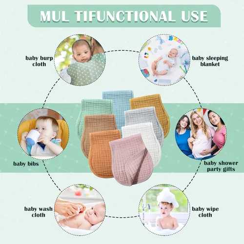 Vista 3 de Frienda - Toallitas de muselina para bebé, 8 unidades, de 10 x 20 pulgadas; toallas de muselina de algodón, multicolor; con 4 capas absorbentes