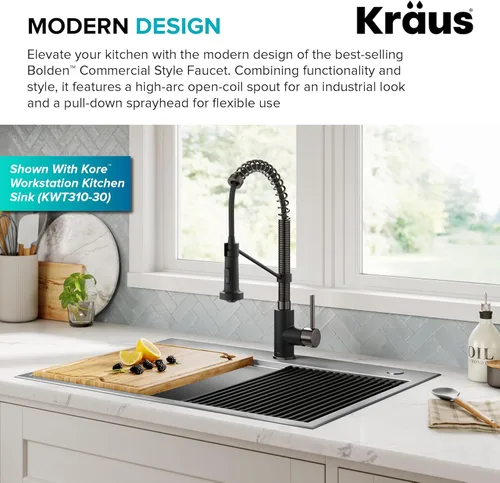 Vista 5 de KRAUS Bolden KPF-1610BB - Grifo de cocina extraíble de una sola manija de estilo comercial con 2 funciones en latón cepillado sin manchas, KPF-1610BB
