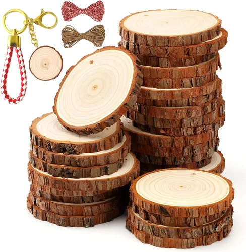 Vista 9 de SENMUT Rebanadas de madera natural, 30 unidades de círculos de madera preperforados de 2.0 a 2.45 pulgadas para manualidades, rebanadas de madera