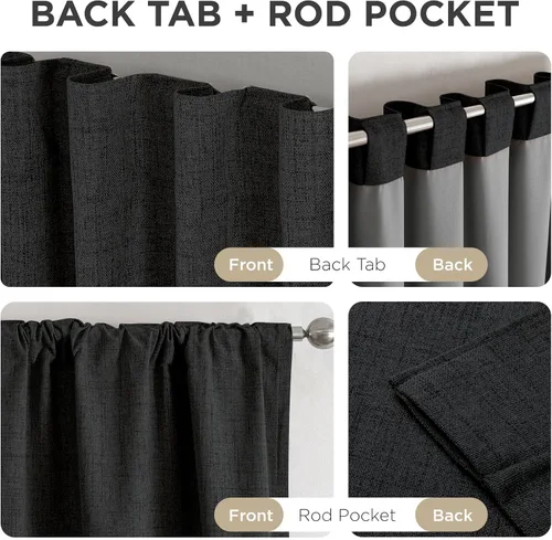 Vista 6 de Joydeco - Cortinas 100% opacas, 2 paneles de lino natural para oscurecer habitación, aislamiento térmico, trabillas traseras y bolsillo para barra