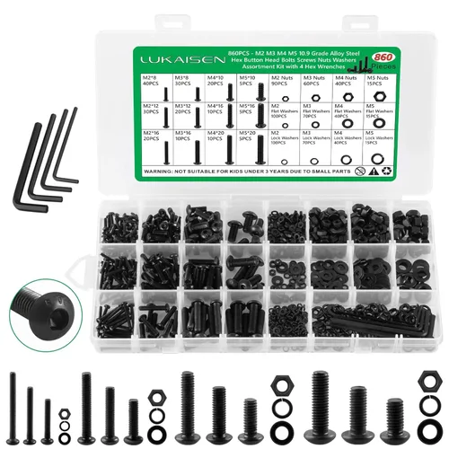 860 piezas Juego de surtido de tornillos métricos, tornillos de máquina M2 M3 M4 M5 con tuercas de bloqueo y arandelas planas, acero de aleación de