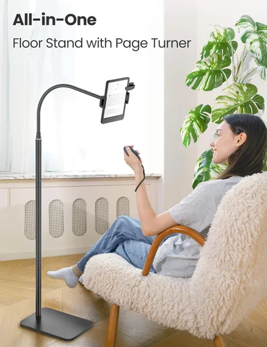 Vista 2 de VOLTIFYMAX Soporte para Kindle con girador de páginas remoto para leer en la cama, soporte para tableta con cuello de cisne ajustable, compatible