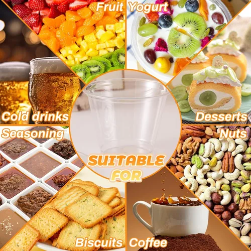 Vista 6 de Qinsihwn 100 Piezas Vasos de Plástico Desechables de 8 OZ con Tapas Planas, Vasos Transparentes de Porción con Tapas Planas, Recipientes de Plástico