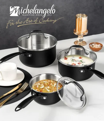 Vista 7 de MICHELANGELO Juego de cacerolas de acero inoxidable, sartén de base triple con tapas, olla de acero inoxidable para todas las estufas, compatible
