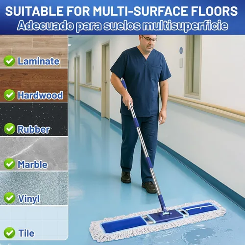 Vista 6 de 36" Mopa comercial para polvo: Escoba de polvo seco para limpieza de pisos de madera dura - 2 almohadillas de mopa reutilizables, mango largo de 59