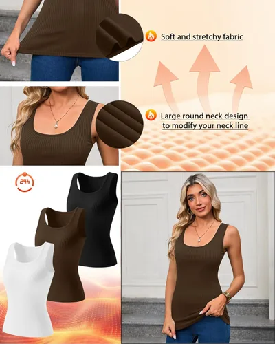 Vista 4 de Paquete de 3 camisetas térmicas sin mangas acanaladas para mujer, de forro polar de algodón, cuello redondo, ajustadas, capa base de camisola