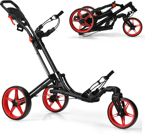 Vista 10 de GYMAX Carrito de golf plegable con rueda delantera giratoria, carrito de golf ajustable de 3 ruedas, carrito de golf compacto fácil de plegar