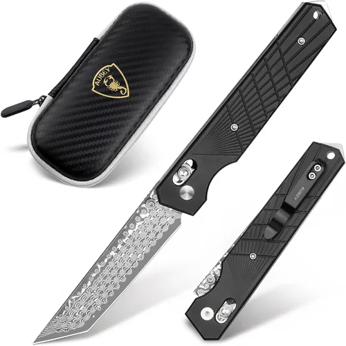 Vista 10 de AUBEY Tanto Blade - Cuchillo EDC de acero 440, cuchillo plegable de bolsillo con bloqueo de forro, clip, mango de aluminio y rompedor de vidrio