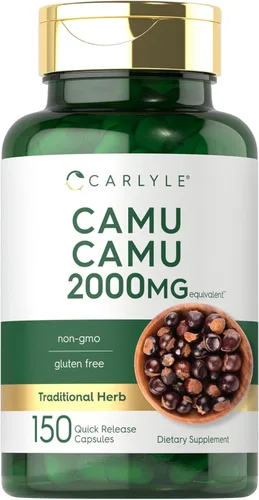 Carlyle Camu Camu con vitamina C | 150 cápsulas | Suplemento de extracto de hierbas | Myrciaria Dubia | Sin OMG y sin gluten