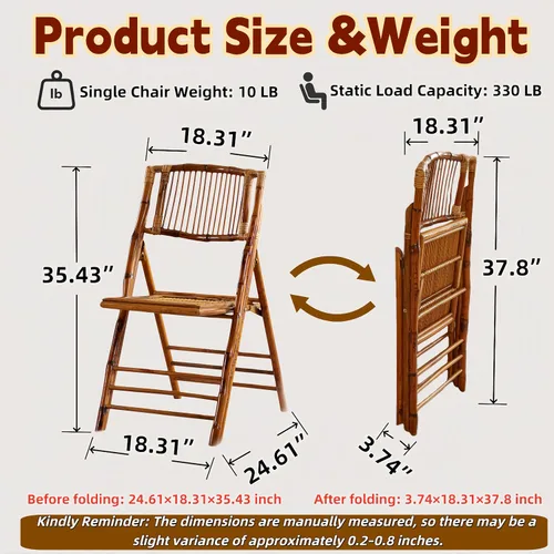 Vista 3 de Silla plegable de bambú, silla de comedor vintage plegable completamente mejorada con 330 libras hecha a mano para sala de estar, patio, jardín