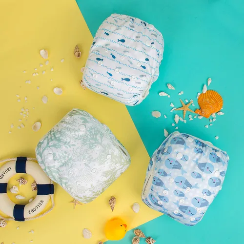 Vista 56 de Alva, Pañales de bebé para nadar, paquete de 2 unidades, talle único, reutilizable, lavable y ajustable de 0 a 36 meses. Tamaño de 10 a 40 lbs