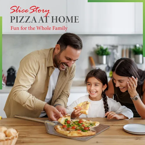 Vista 8 de The Italian Kitchen - Pala perforada para pizza, pala profesional de metal de 13 x 16.7 pulgadas, 27.3 pulgadas en total, funciona con todos