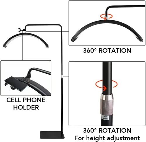 Vista 7 de Lámpara de pie LED de pestañas, lámpara de media luna para extensión de pestañas, iluminación para belleza, cuidado de la piel, pestañas, cejas
