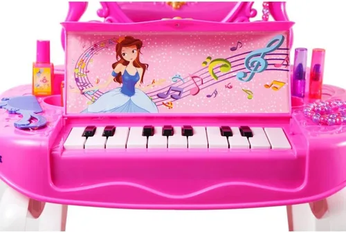 Vista 6 de Dimple Juego de tocador de princesa 2 en 1 con accesorios de maquillaje, sonidos de teclado de piano musical y luces intermitentes, secador de pelo