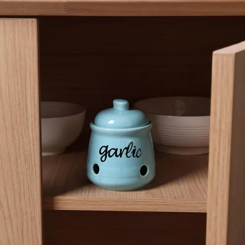Vista 3 de Mini recipiente de cerámica para ahorro de ajo para encimera Turquesa