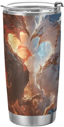 Red and Blue Ice and Fire Phoenix Stainless Steel travel coffee cups with lids with Straw Leak Resistant Flip travel mug for travel aesthetic