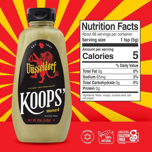 Vista 2 de Koops' Mostaza Dusseldorf - Mostaza Bratwurst de estilo alemán, sin gluten, kosher, fabricada en Estados Unidos, a partir de semillas de mostaza