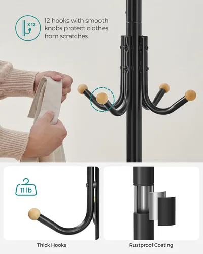Vista 7 de SONGMICS Perchero Independiente, Perchero de Metal con 12 Ganchos y 4 Patas, Soporte para Ropa, Sombreros y Bolsos, para Entrada, Sala de Estar