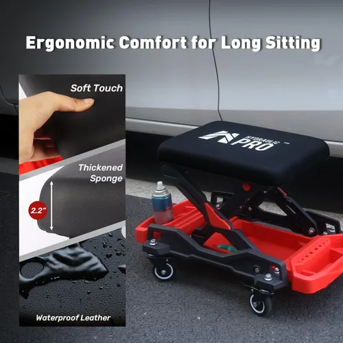 Vista 7 de Asiento de arrastre automotriz con ruedas rodantes, taburete mecánico con capacidad de 300 libras, taburete de garaje resistente con almohadilla