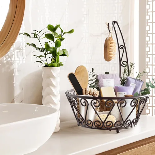 Vista 5 de SimpleHouseware Canasta de frutas con colgador de árbol de plátano, de color bronce