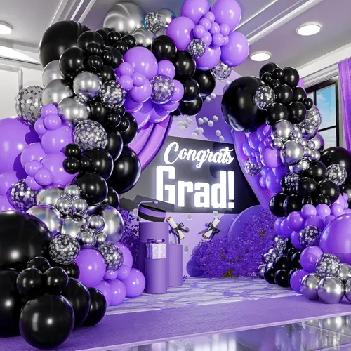 Kit de guirnalda y arco de globos morados y negros todo en 1, globos pequeños y grandes, morado, negro y plateado, decoraciones de fiesta y
