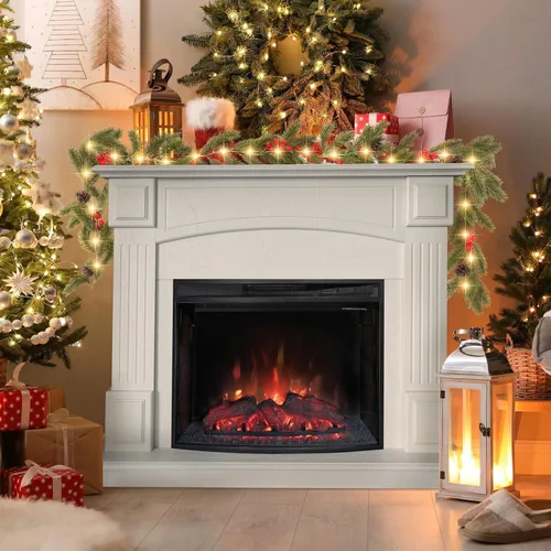 Vista 5 de CCINEE - Guirnalda de Navidad con luces, 1,8 m, funciona con pilas, guirnalda de pino de Norfolk preiluminada con 35 LEDs, bayas rojas, conos