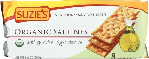 Suzie's, Galletas saladas orgánicas, saladas con aceite de oliva virgen extra, golosinas gourmet horneadas saludables para adultos y niños, paquete