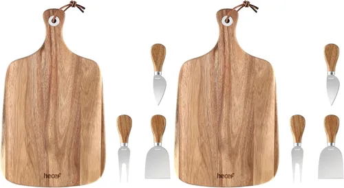 Vista 10 de hecef Juego de 3 tablas de queso, un plato de queso de madera de acacia, un cuchillo, un tenedor, plato de charcutería, juego de pizarra para servir