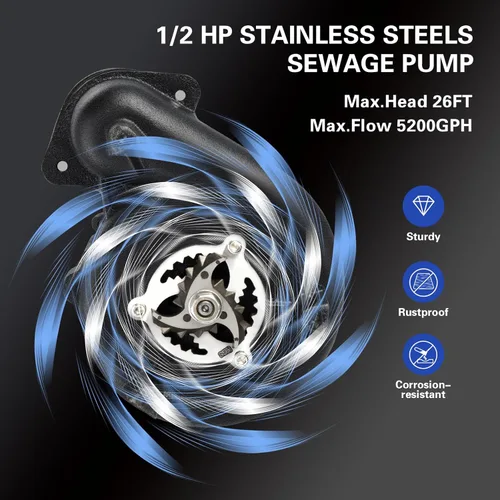 Vista 5 de Bomba de efluente sumergible resistente, carcasa de acero inoxidable, cable de alimentación de 10 pies, impulsor centrífugo que no se obstruye