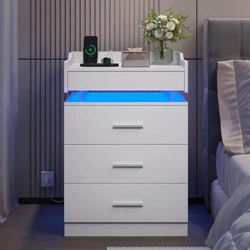 Vista 7 de White Nightstand Set of 2,LED Night Stand with Charging Station & Pull-Out Tray,Bedside Table with Drawers,Modern End Table Side Table Storage