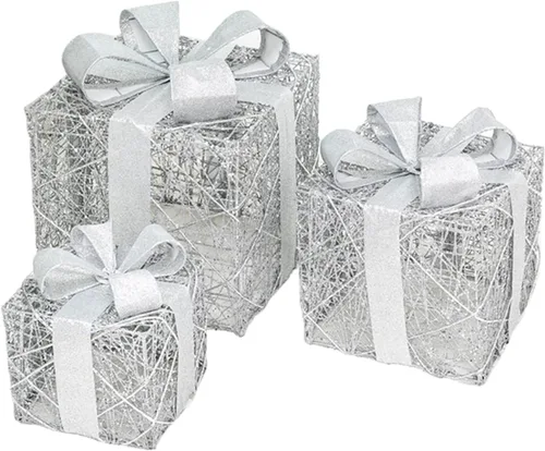 Juego de 3 cajas de regalo iluminadas de Navidad, cajas de regalo iluminadas de Navidad con lazo, cajas de regalo preiluminadas, cajas de Navidad