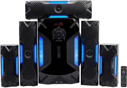 Vista 2 de Rockville HTS56 Sistema de cine en casa de 1000W de 5.1 canales, Bluetooth, USB, subwoofer de 8", efectos de luz LED, control remoto, entrada