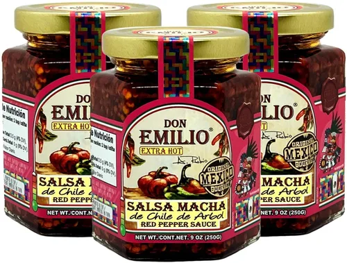 Don Emilio Paquete de 3 Arbol Hot Red Pepper Salsa Macha | Aceite crujiente de chile crujiente con pimiento rojo ahumado, cobertura gourmet mexicana