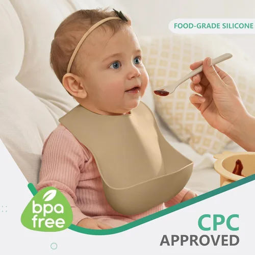 Vista 2 de Cuddle Campus Juego de 3 baberos de silicona para bebés y niños pequeños, baberos suaves y ajustables con bolsillo para atrapar alimentos para bebé