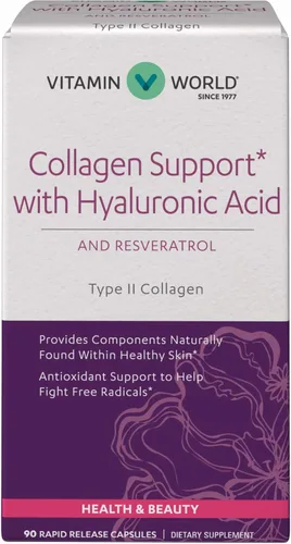 Vitamin World Soporte de colágeno con ácido hialurónico 90 cápsulas, apoya la piel sana, soporte antioxidante, colágeno BioCell tipo II,