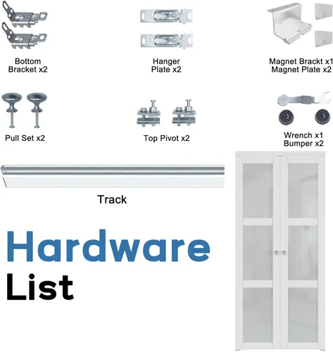 Vista 5 de Puerta pivotante francesa para apertura de 24" x 80" pulgadas, paneles de vidrio esmerilado doble con herrajes, giro para despensalavanderíacuarto
