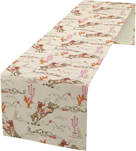 Vista 25 de Camino de mesa de lino de algodón, cuchillo de cocina occidental, tenedor, colección de mesa rectangular, desierto salvaje oeste americano