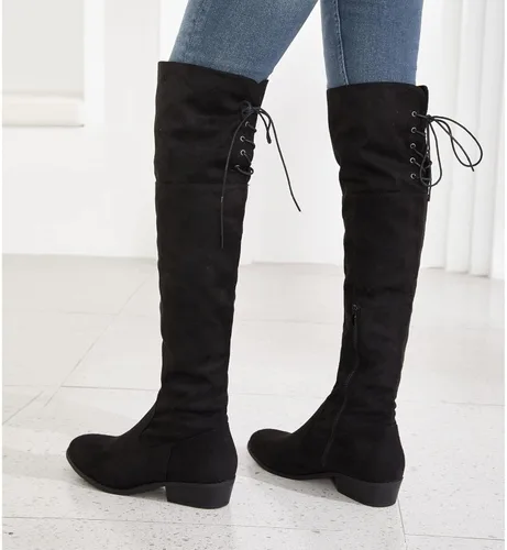 Vista 4 de Hawkwell Botas altas hasta el muslo para mujer, botas de tacón plano bajo negro sobre la rodilla