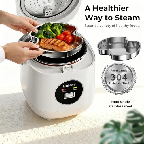 Vista 5 de Arrocera pequeña de 3 tazas sin cocinar, 1.6 cuartos de galón, antiadherente, con bandeja de vapor de acero inoxidable, un interruptor para cocinar