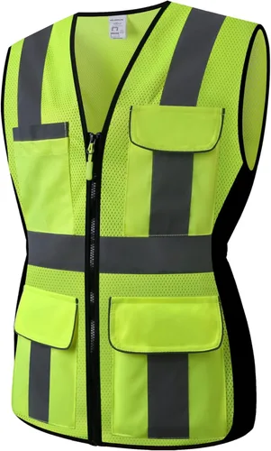Vista 9 de Chaleco de seguridad para mujeres, chaleco de trabajo reflectante de alta visibilidad con 9 bolsillos múltiples y cremallera
