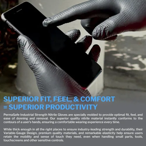 Vista 6 de Guantes industriales desechables de nitrilo negro PermaSafe HD, 6+ mil, sin látex, textura elevada, para mecánicos, médicos, alimentos, y más