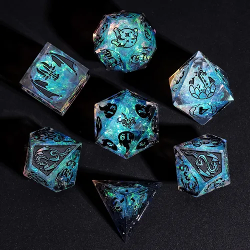 Vista 20 de Cusdie Juego de dados DND de bordes afilados de 7 piezas, lindas calcomanías de gato negro en el interior, perfecto para juegos de rol de mesa