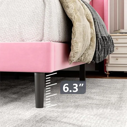 Vista 11 de Base de cama tamaño Queen con cabecera tapizada con respaldo de ala, plataforma de fácil montaje, soporte de listones de madera, no necesita somier