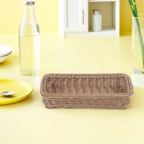 Vista 5 de Hemoton Cesta de almacenamiento tejida de 9.64 x 3.14 x 2.36 pulgadas, organizador de escritorio multiusos para cocina, cubiertos, tarros