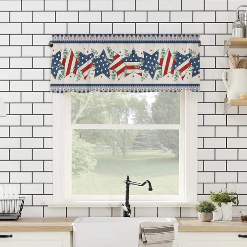 Vista 4 de Cenefa de cocina para ventanas, Día de la Independencia, pentagrama, textura de arpillera a cuadros, semitransparente, con bolsillo para barra
