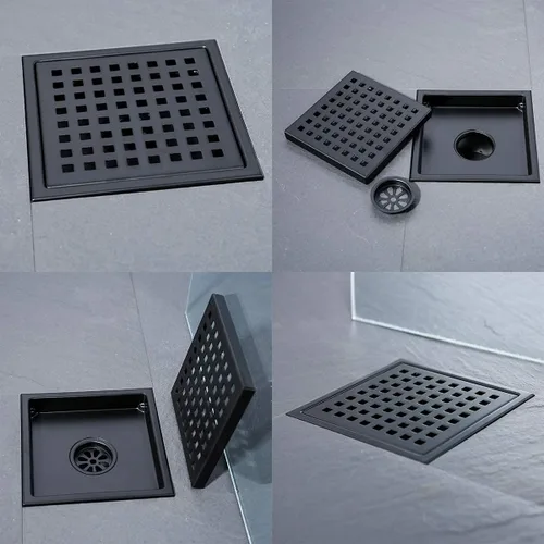 Vista 104 de RANDOM Drenaje de ducha redondo SUS304 de acero inoxidable dorado cepillado Drenaje de ducha de 4 pulgadas con brida de base de PVC ajustable